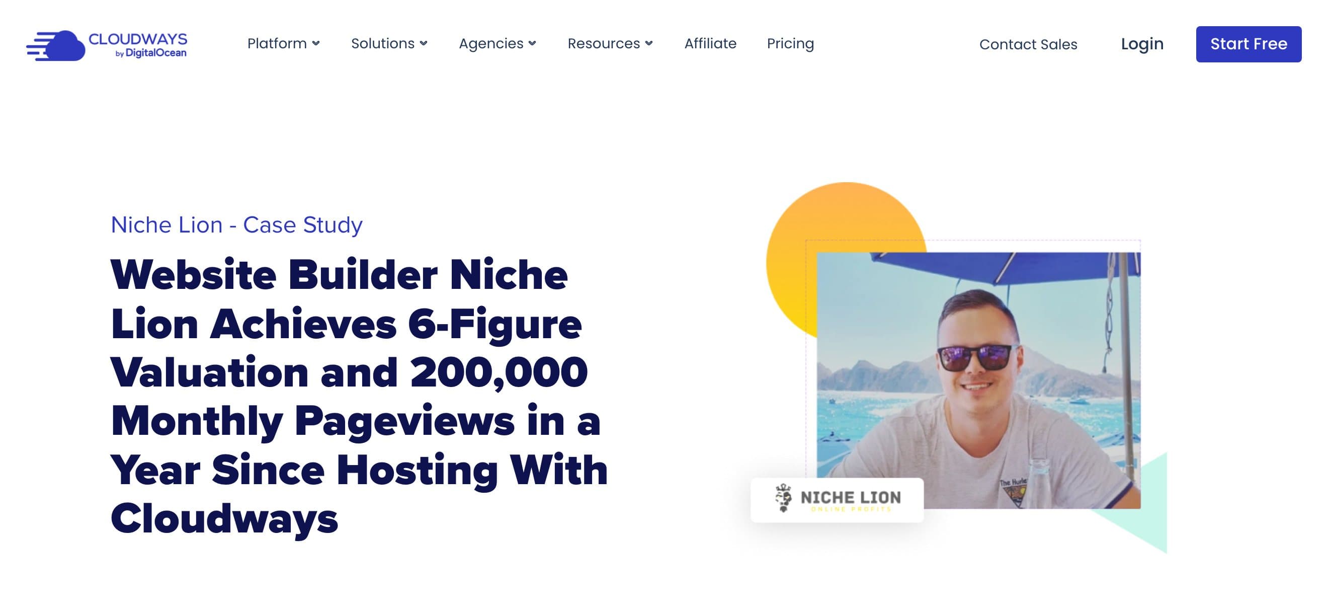 The Cloudways case study page, headlined “Website Builder Niche Lion Achieves 6-Figure Valuation and 200,000 Monthly Pageviews in a Year Since Hosting With Cloudways”, with a photo of Daniel Shuttleworth
