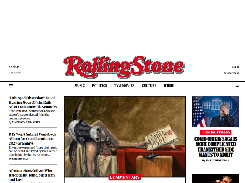 The Rolling Stone homepage: the red script logo centred above a horizontal navigation bar, with a column of headlines on the left, one large lead image in the centre, and a secondary story on the right.