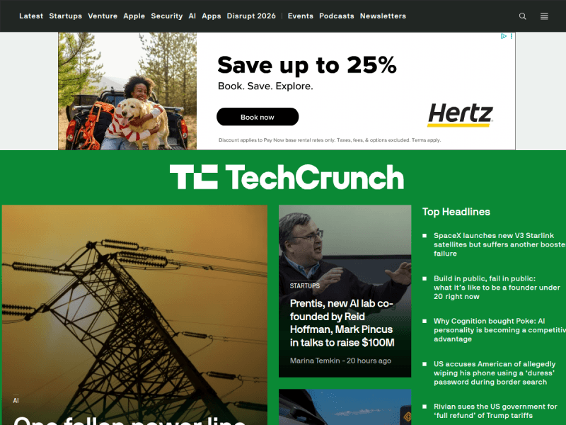 The TechCrunch homepage: a dark navigation bar above a green masthead, with one large lead story, two secondary story cards, and a Top Headlines list down the right-hand side.