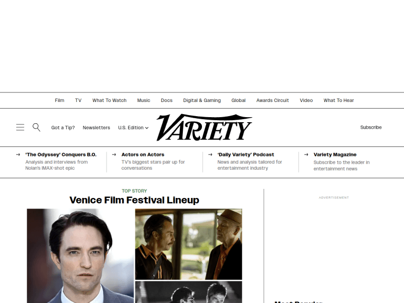 The Variety homepage: a two-tier navigation bar above the centred wordmark, a strip of four featured links, and a Top Story block with a grid of photographs.